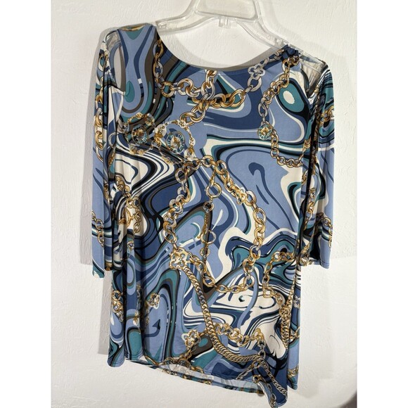 Patchington Women Blue Gold Chain Stretch Asymmetrical Small Open Shoulder Top - Picture 1 of 7